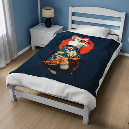 Kimono Kitty Velveteen Plush Blanket