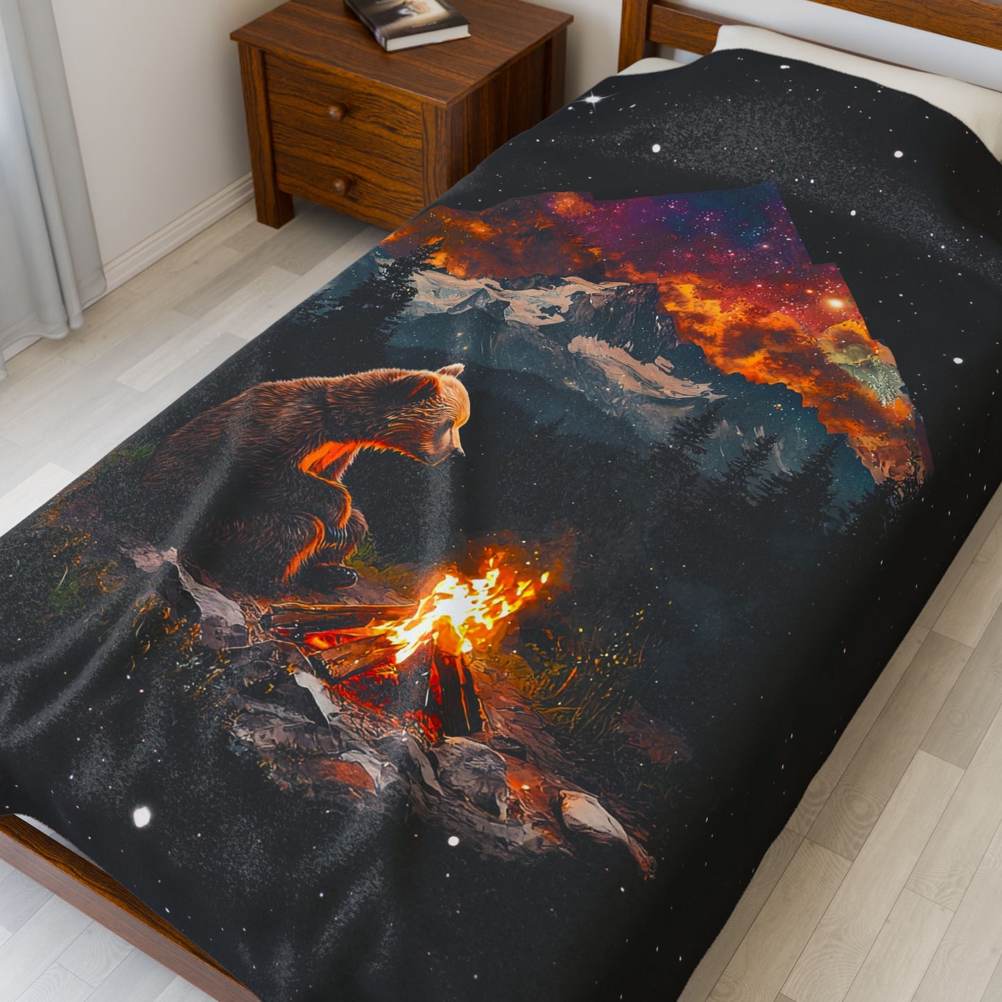 Camping Bear Velveteen Plush Blanket