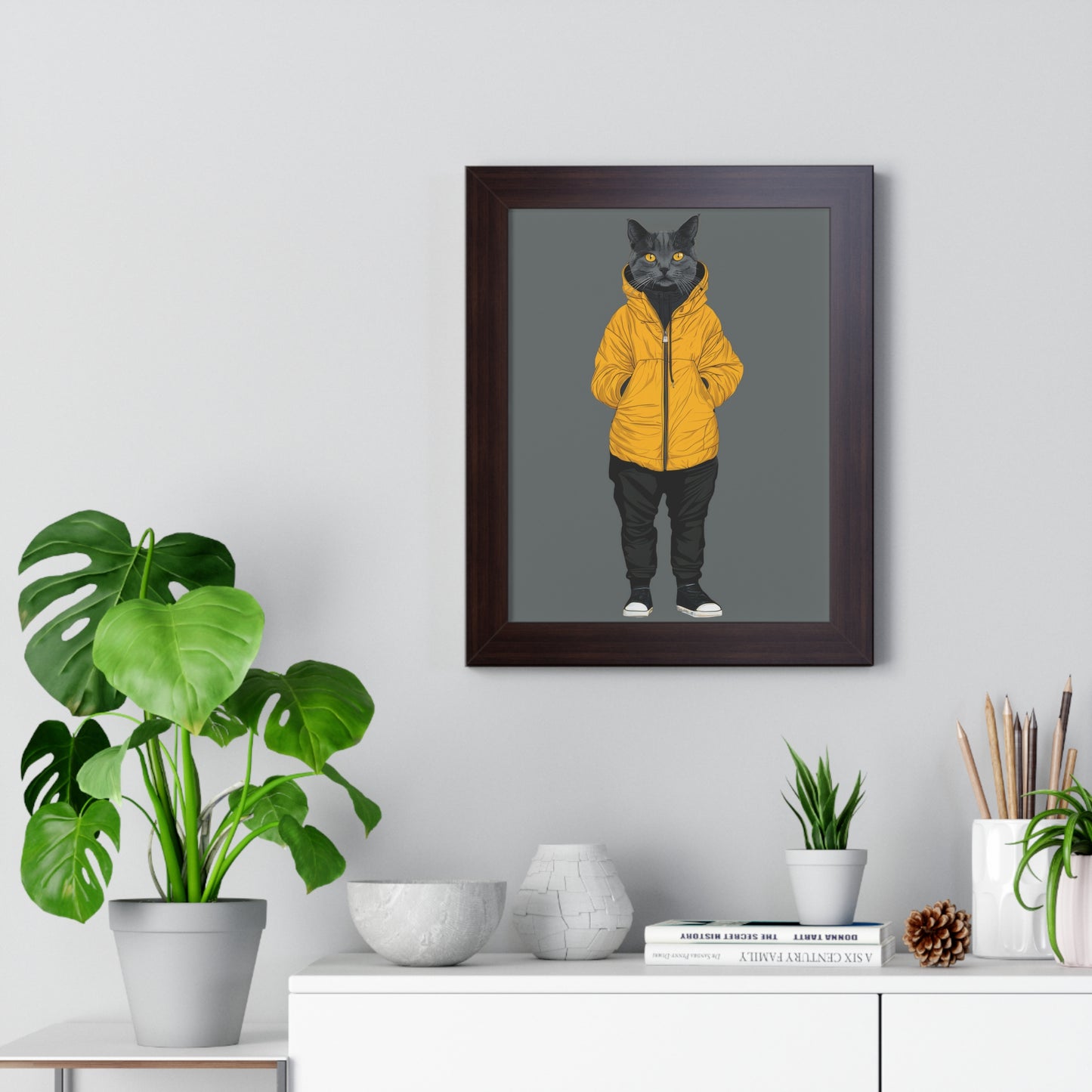 Yellow Jacket Cat Framed Wall Art