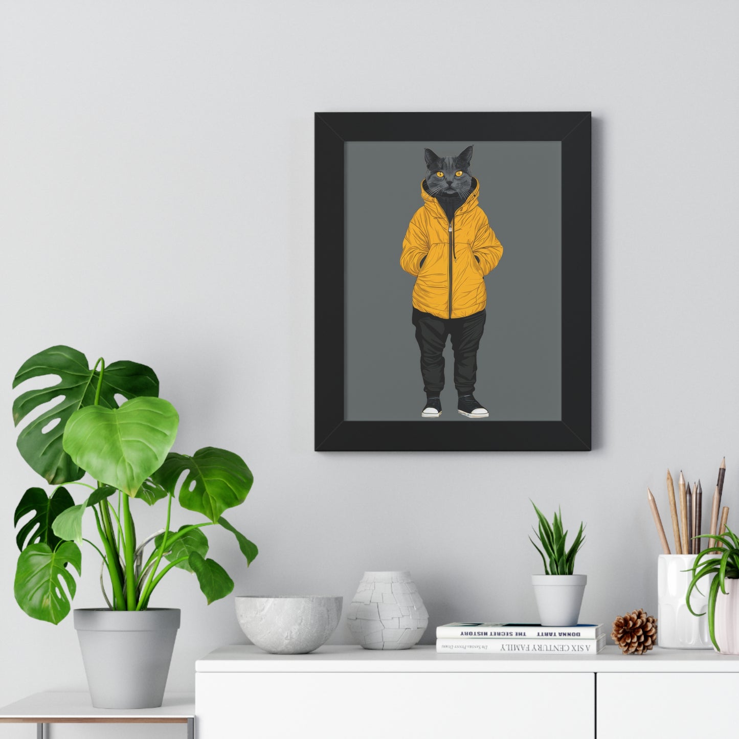 Yellow Jacket Cat Framed Wall Art