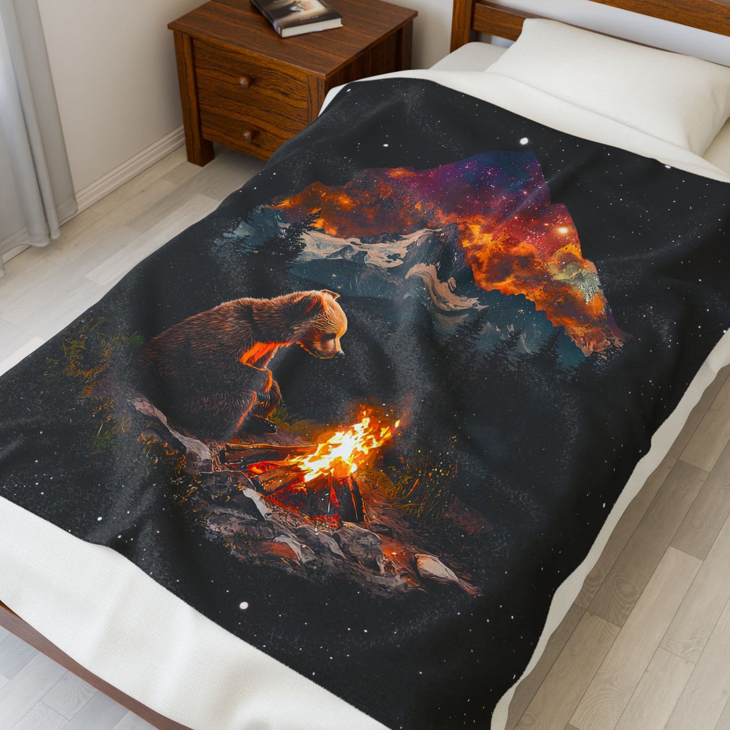 Camping Bear Velveteen Plush Blanket