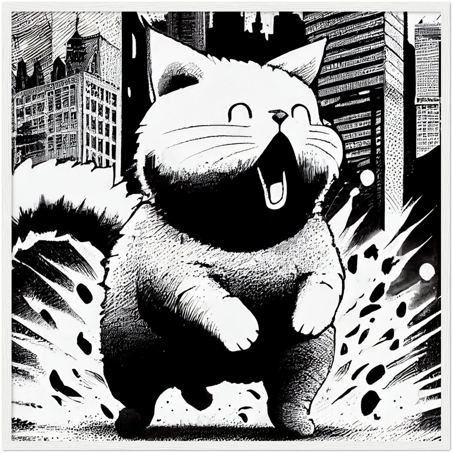 Fat-Cat-zilla  Premium Semi-Glossy Paper Wooden Framed Print