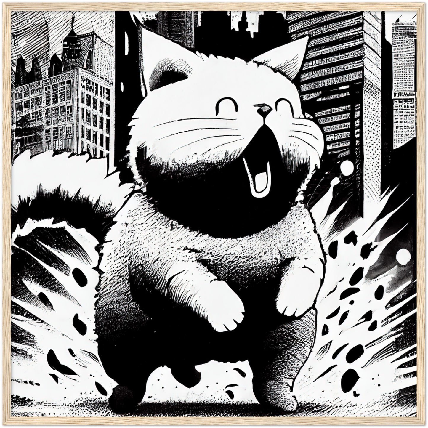 Fat-Cat-zilla  Premium Semi-Glossy Paper Wooden Framed Print