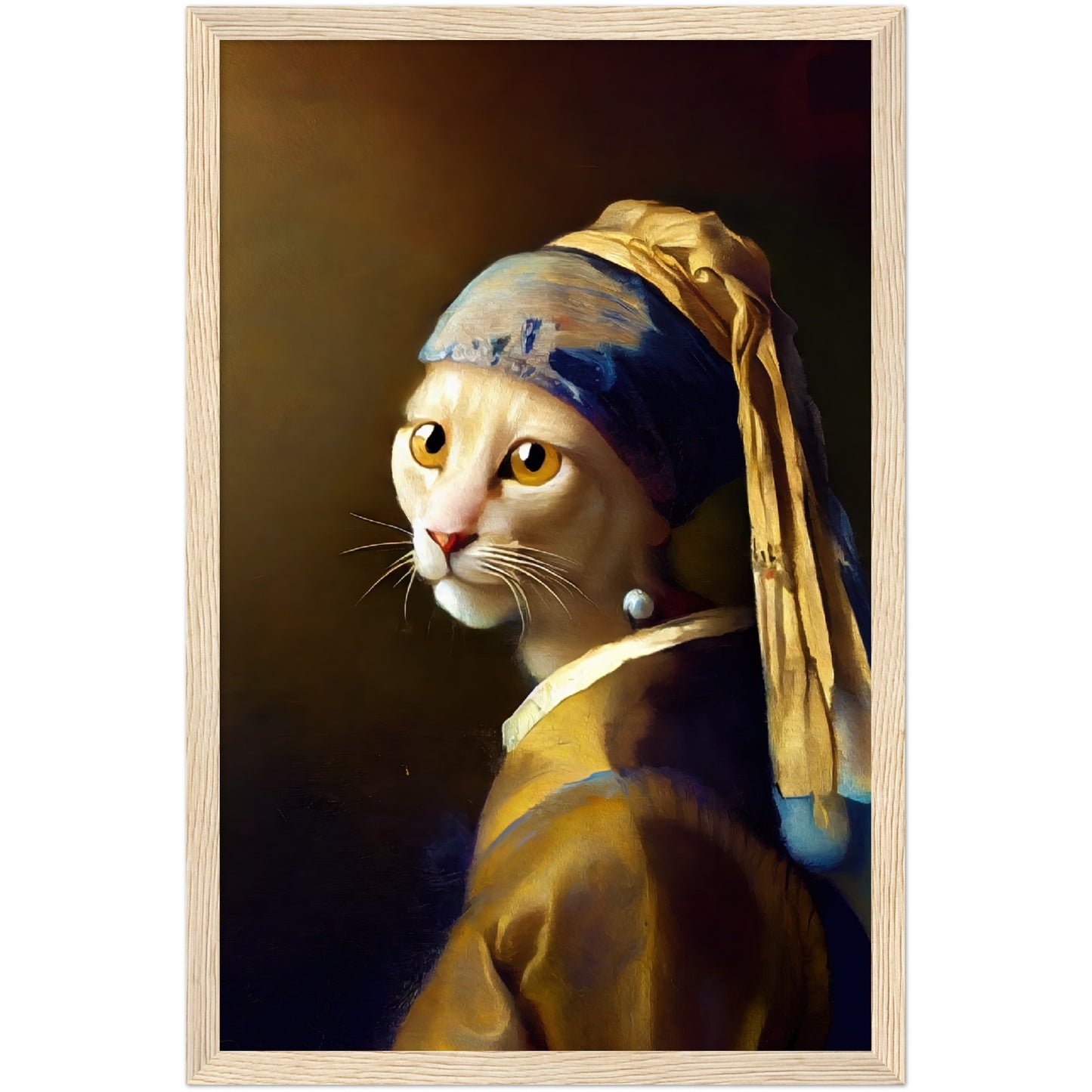 The Cat With a Pearl Earing Premium Semi-Glossy Paper Wooden Framed Print