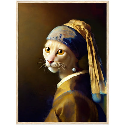 The Cat With a Pearl Earing Premium Semi-Glossy Paper Wooden Framed Print