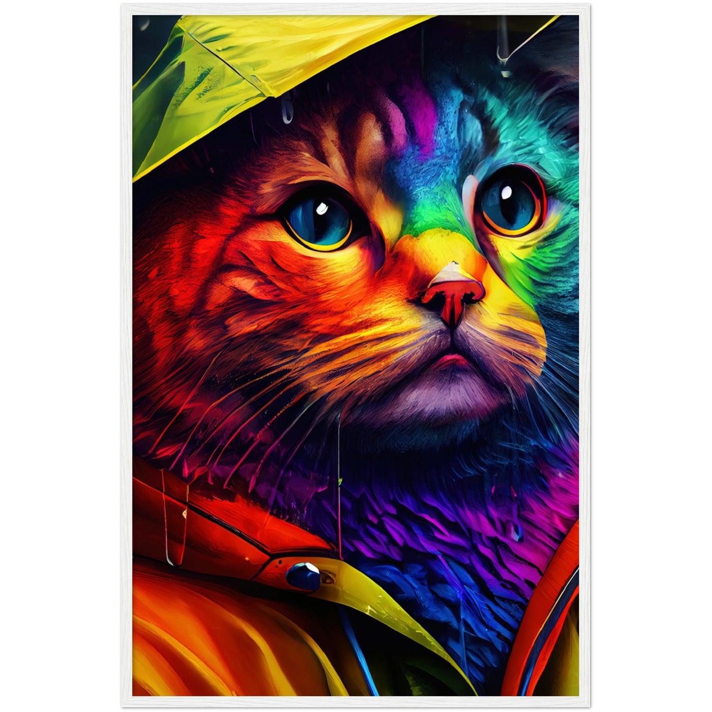 Rainbow Rain Cat Premium Semi-Glossy Paper Wooden Framed Print