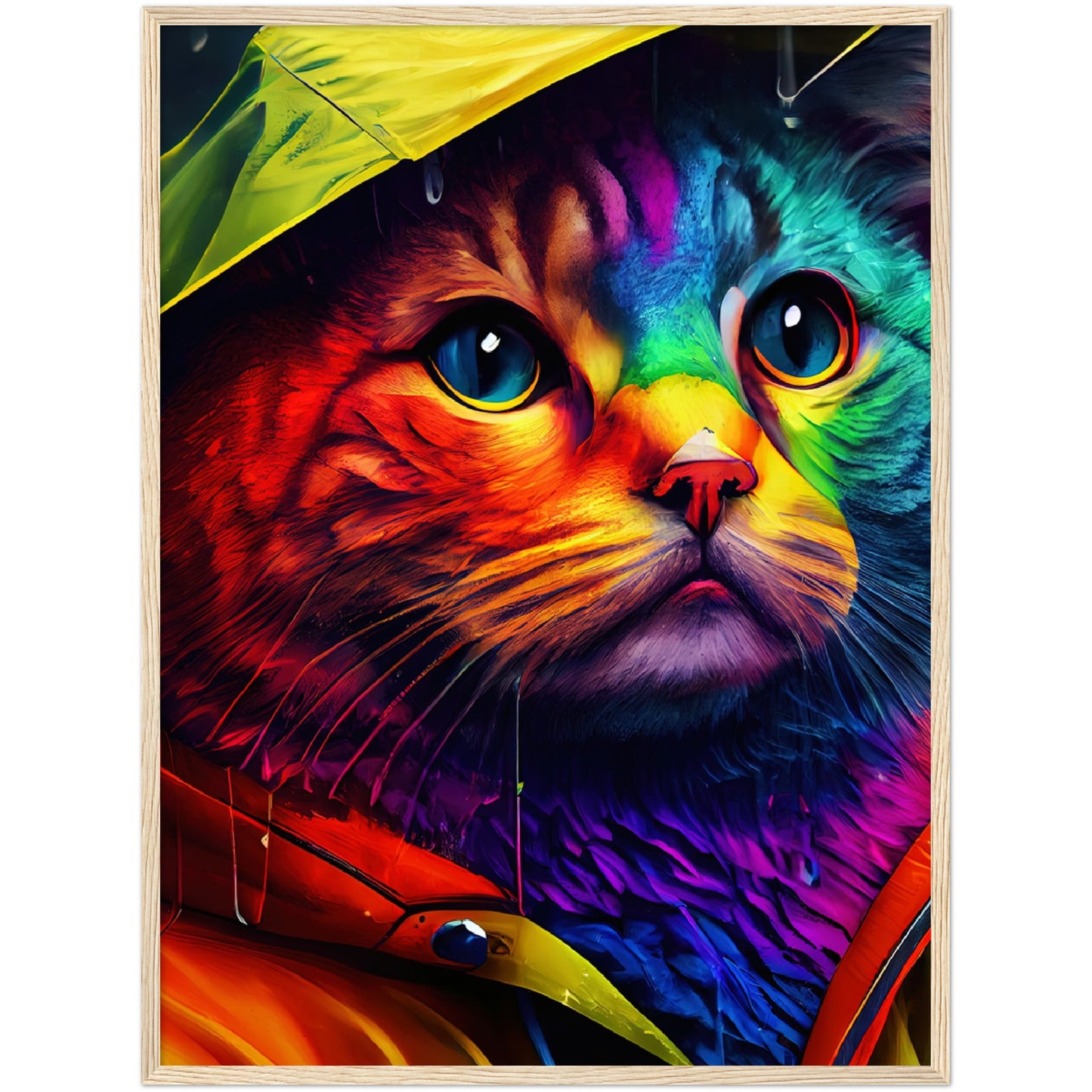 Rainbow Rain Cat Premium Semi-Glossy Paper Wooden Framed Print