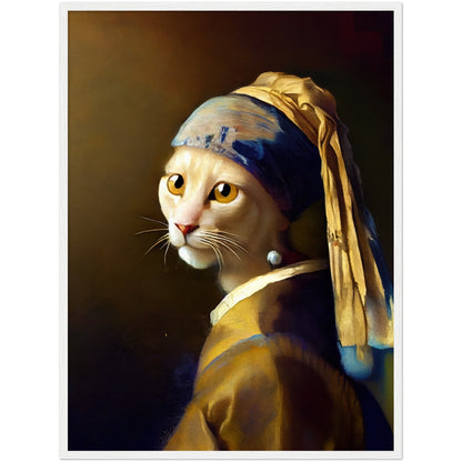 The Cat With a Pearl Earing Premium Semi-Glossy Paper Wooden Framed Print