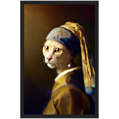 The Cat With a Pearl Earing Premium Semi-Glossy Paper Wooden Framed Print