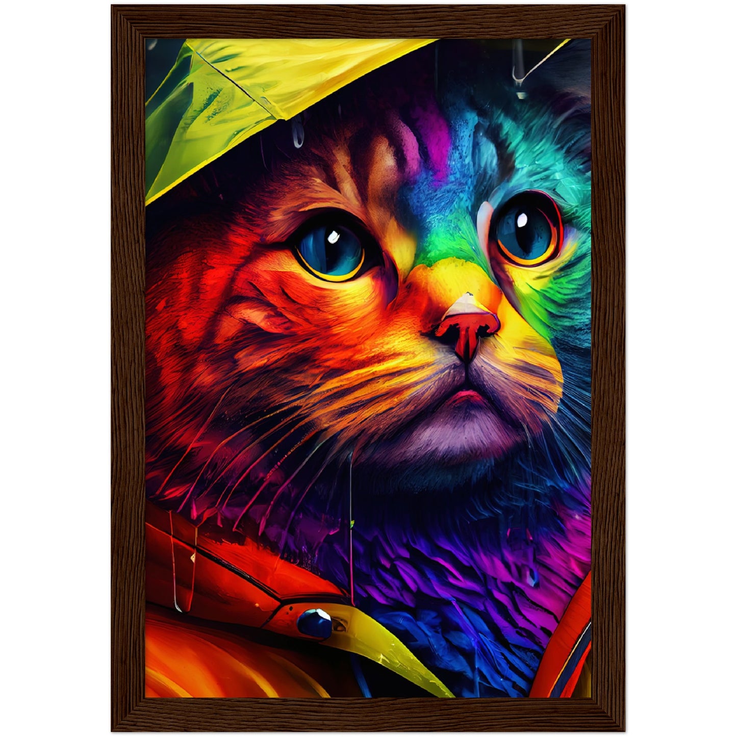 Rainbow Rain Cat Premium Semi-Glossy Paper Wooden Framed Print