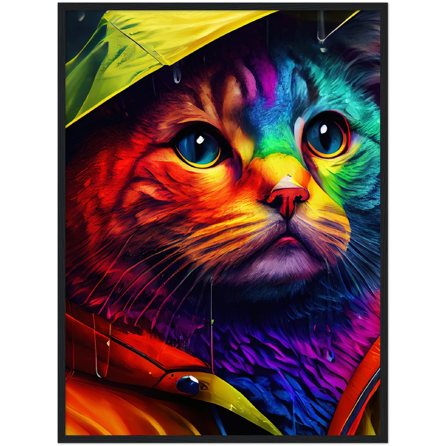 Rainbow Rain Cat Premium Semi-Glossy Paper Wooden Framed Print