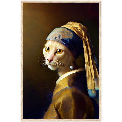 The Cat With a Pearl Earing Premium Semi-Glossy Paper Wooden Framed Print