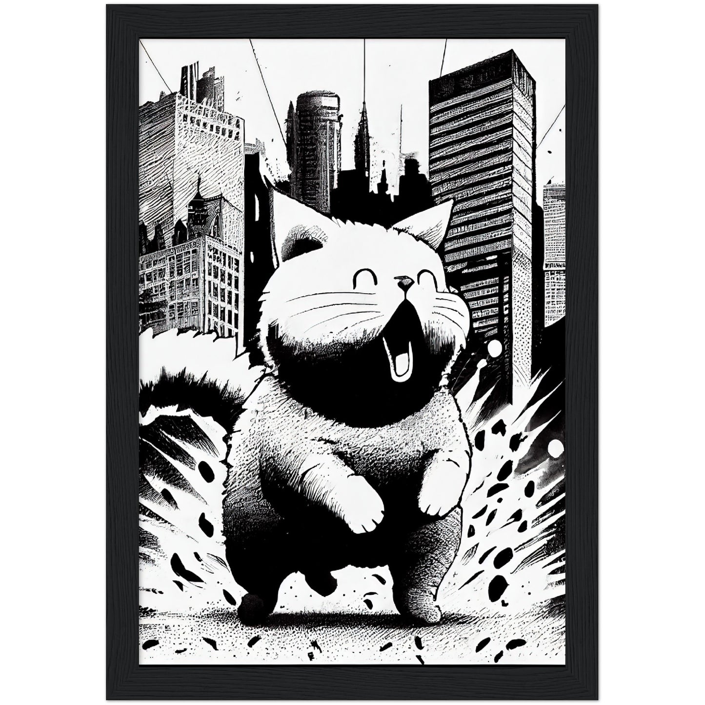 Fat-Cat-zilla  Premium Semi-Glossy Paper Wooden Framed Print