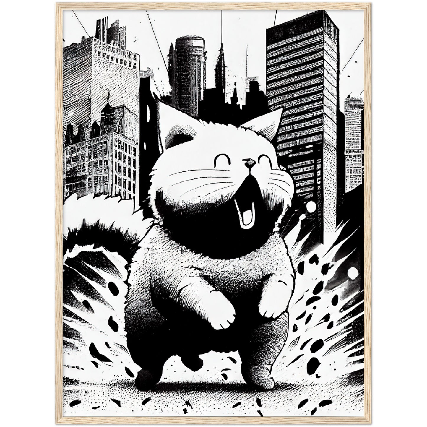 Fat-Cat-zilla  Premium Semi-Glossy Paper Wooden Framed Print