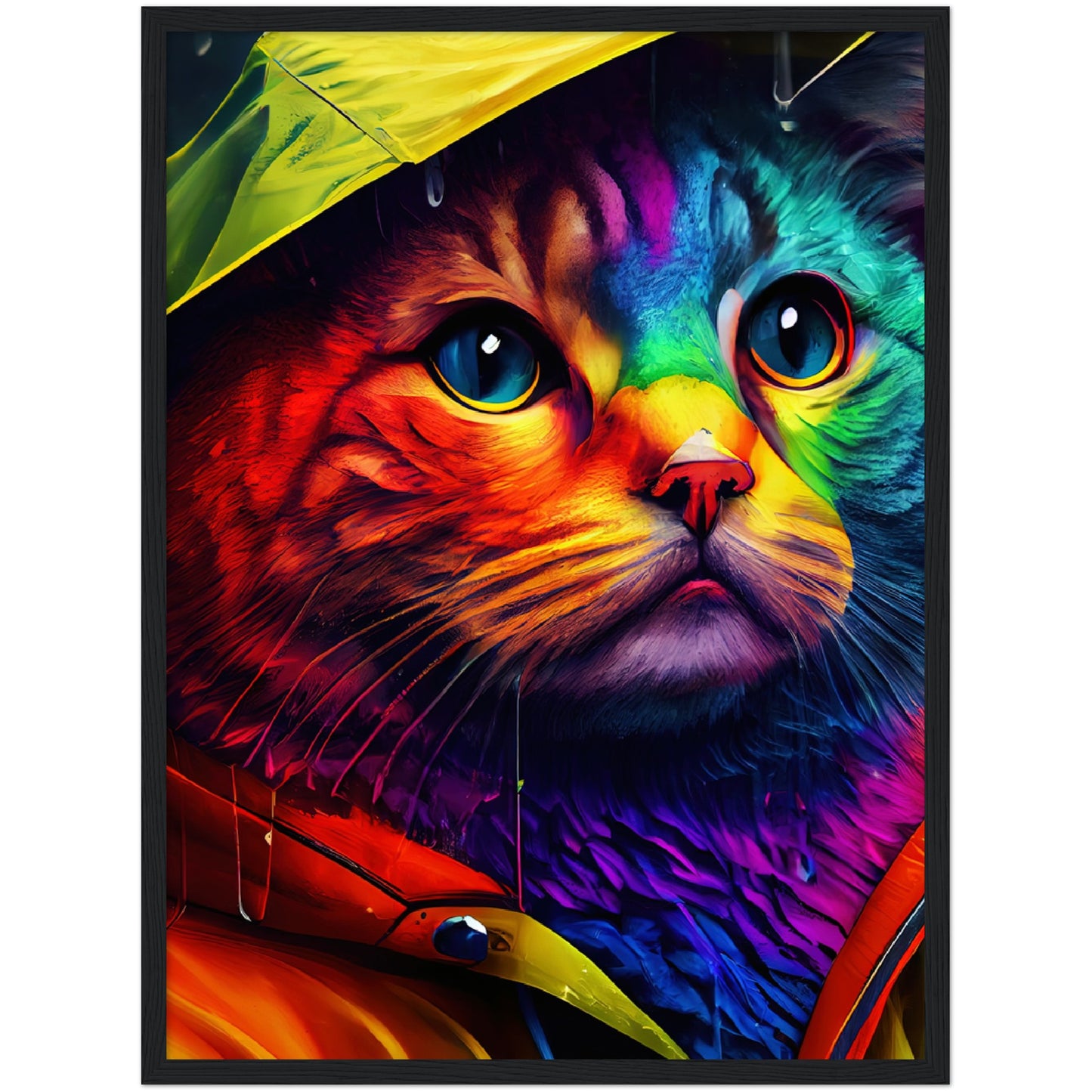 Rainbow Rain Cat Premium Semi-Glossy Paper Wooden Framed Print