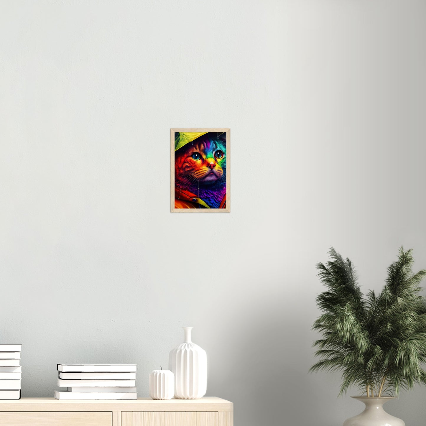 Rainbow Rain Cat Premium Semi-Glossy Paper Wooden Framed Print