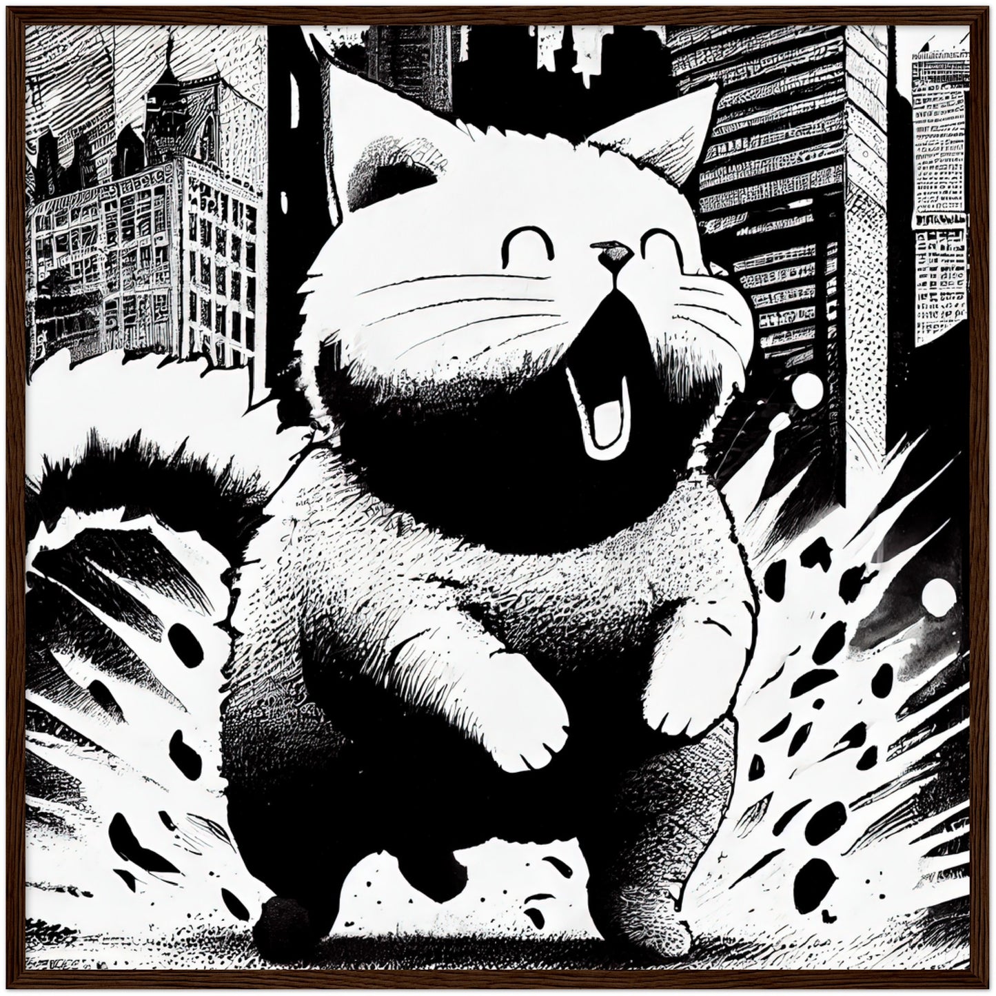 Fat-Cat-zilla  Premium Semi-Glossy Paper Wooden Framed Print