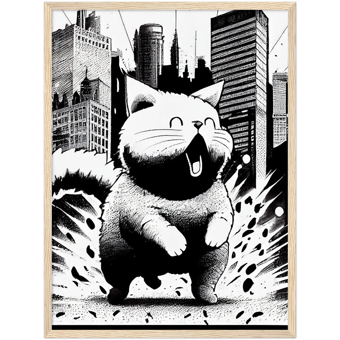 Fat-Cat-zilla  Premium Semi-Glossy Paper Wooden Framed Print