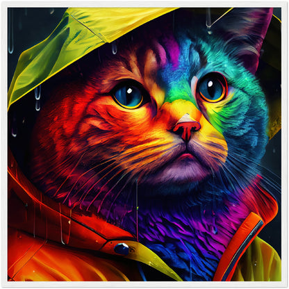 Rainbow Rain Cat Premium Semi-Glossy Paper Wooden Framed Print