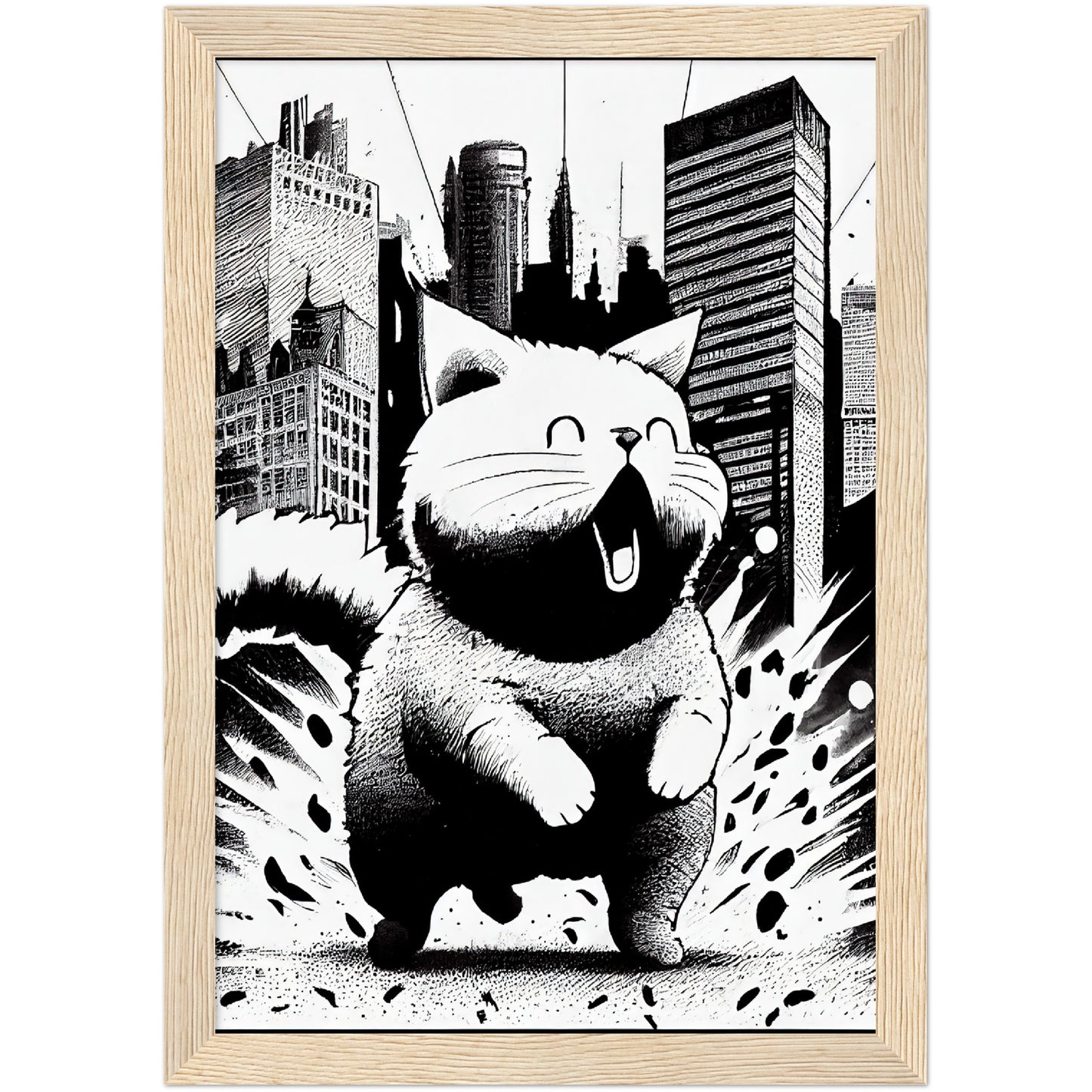 Fat-Cat-zilla  Premium Semi-Glossy Paper Wooden Framed Print