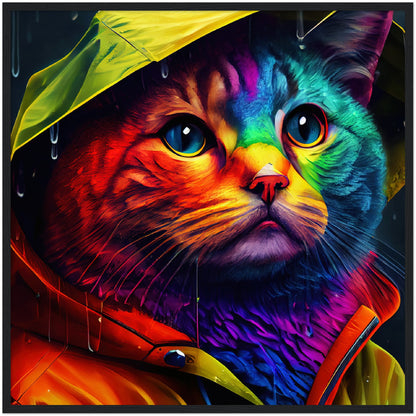 Rainbow Rain Cat Premium Semi-Glossy Paper Wooden Framed Print