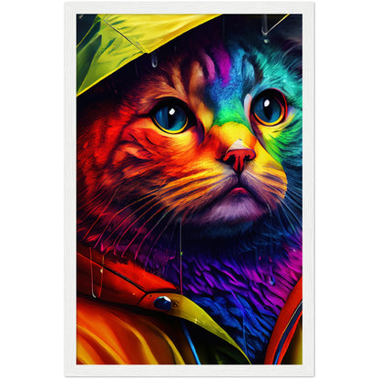 Rainbow Rain Cat Premium Semi-Glossy Paper Wooden Framed Print