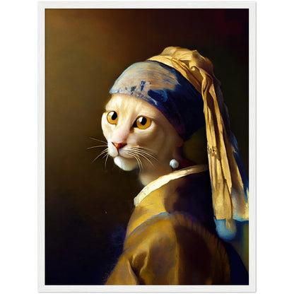 The Cat With a Pearl Earing Premium Semi-Glossy Paper Wooden Framed Print