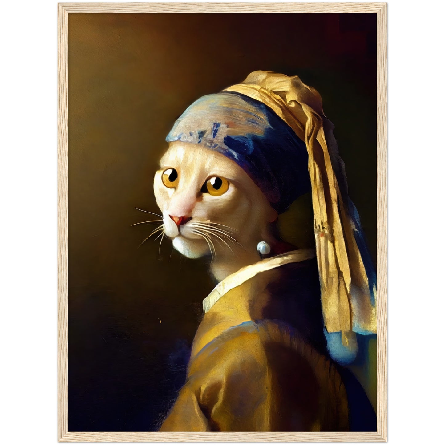 The Cat With a Pearl Earing Premium Semi-Glossy Paper Wooden Framed Print