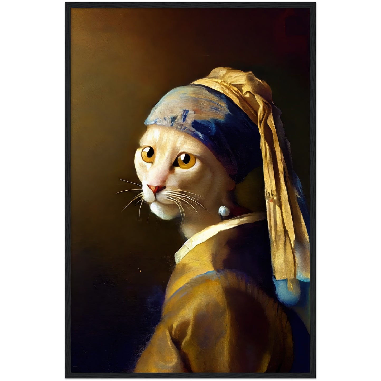 The Cat With a Pearl Earing Premium Semi-Glossy Paper Wooden Framed Print