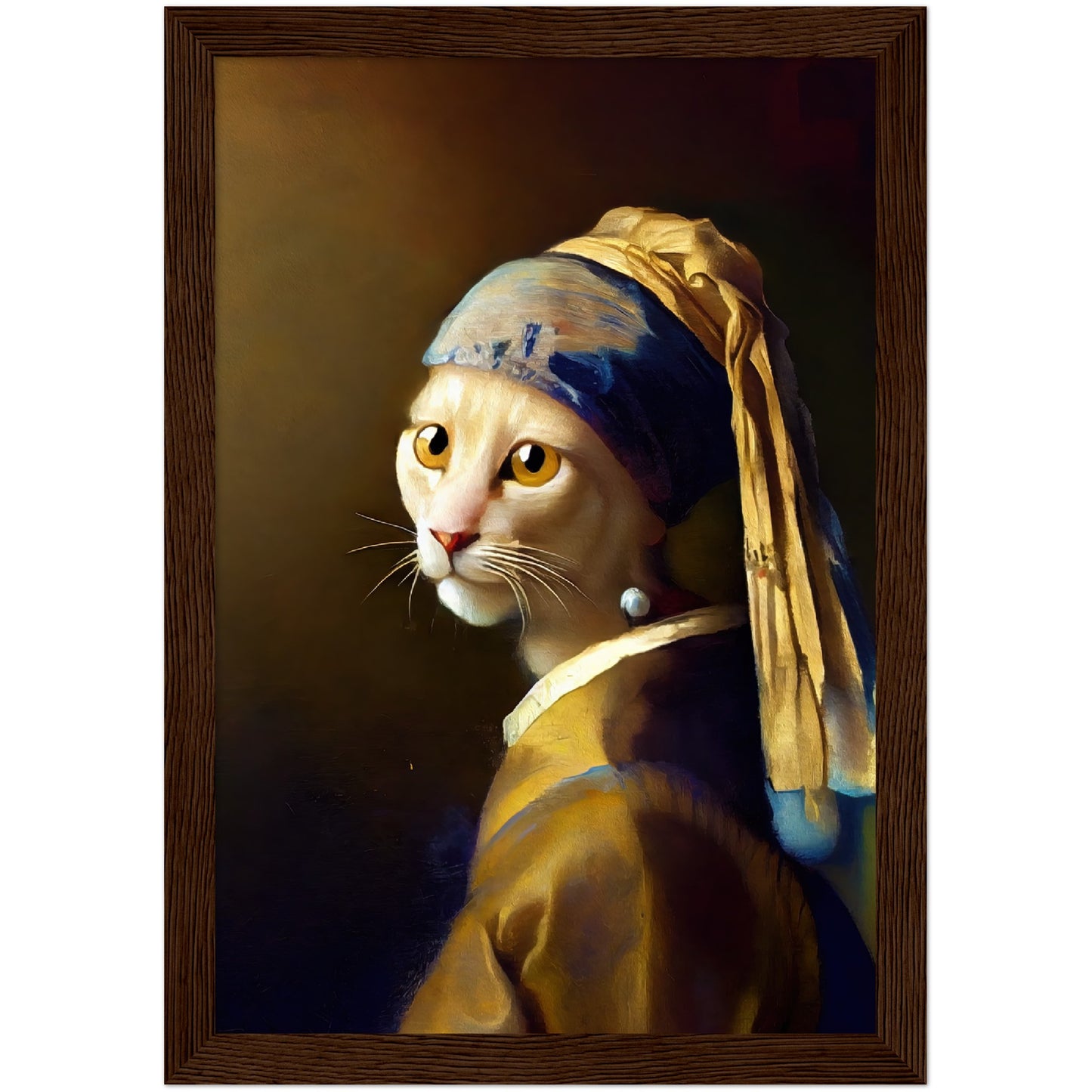 The Cat With a Pearl Earing Premium Semi-Glossy Paper Wooden Framed Print