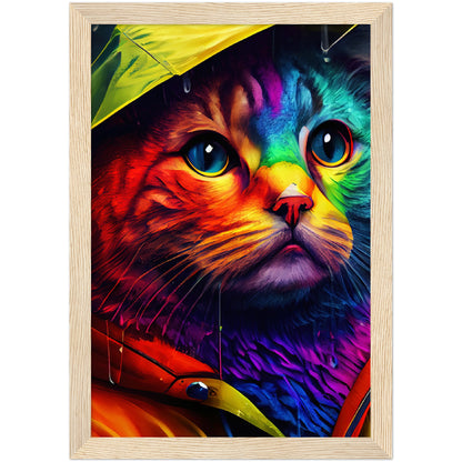 Rainbow Rain Cat Premium Semi-Glossy Paper Wooden Framed Print