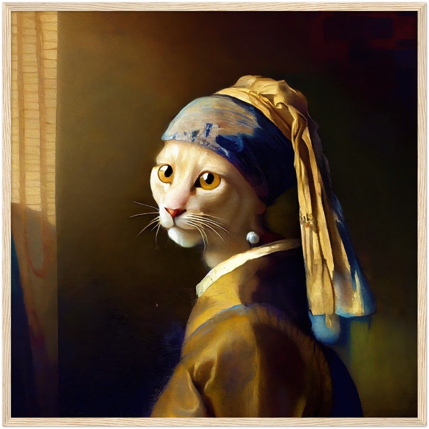 The Cat With a Pearl Earing Premium Semi-Glossy Paper Wooden Framed Print