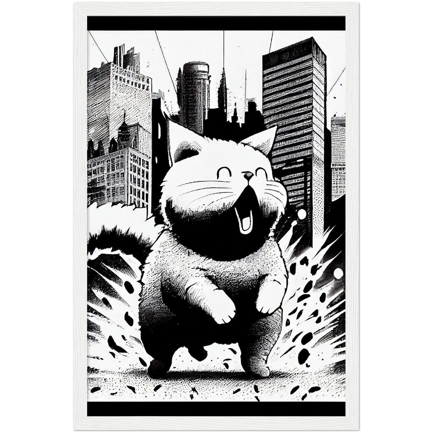 Fat-Cat-zilla  Premium Semi-Glossy Paper Wooden Framed Print