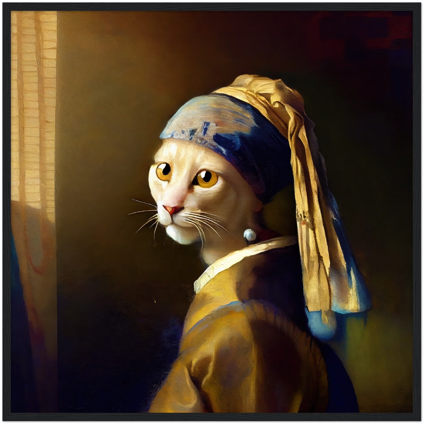 The Cat With a Pearl Earing Premium Semi-Glossy Paper Wooden Framed Print