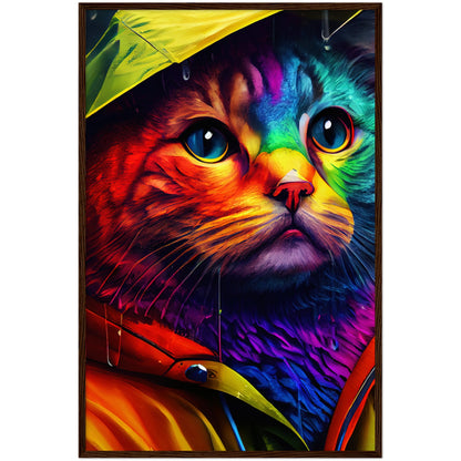 Rainbow Rain Cat Premium Semi-Glossy Paper Wooden Framed Print