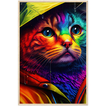 Rainbow Rain Cat Premium Semi-Glossy Paper Wooden Framed Print