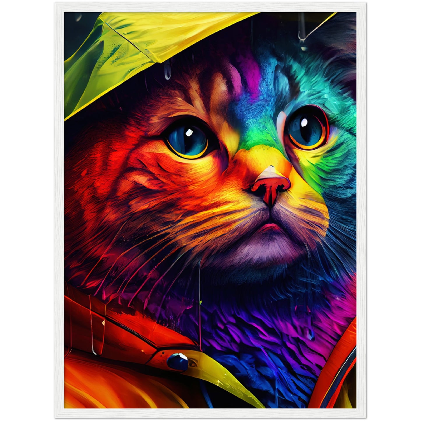 Rainbow Rain Cat Premium Semi-Glossy Paper Wooden Framed Print