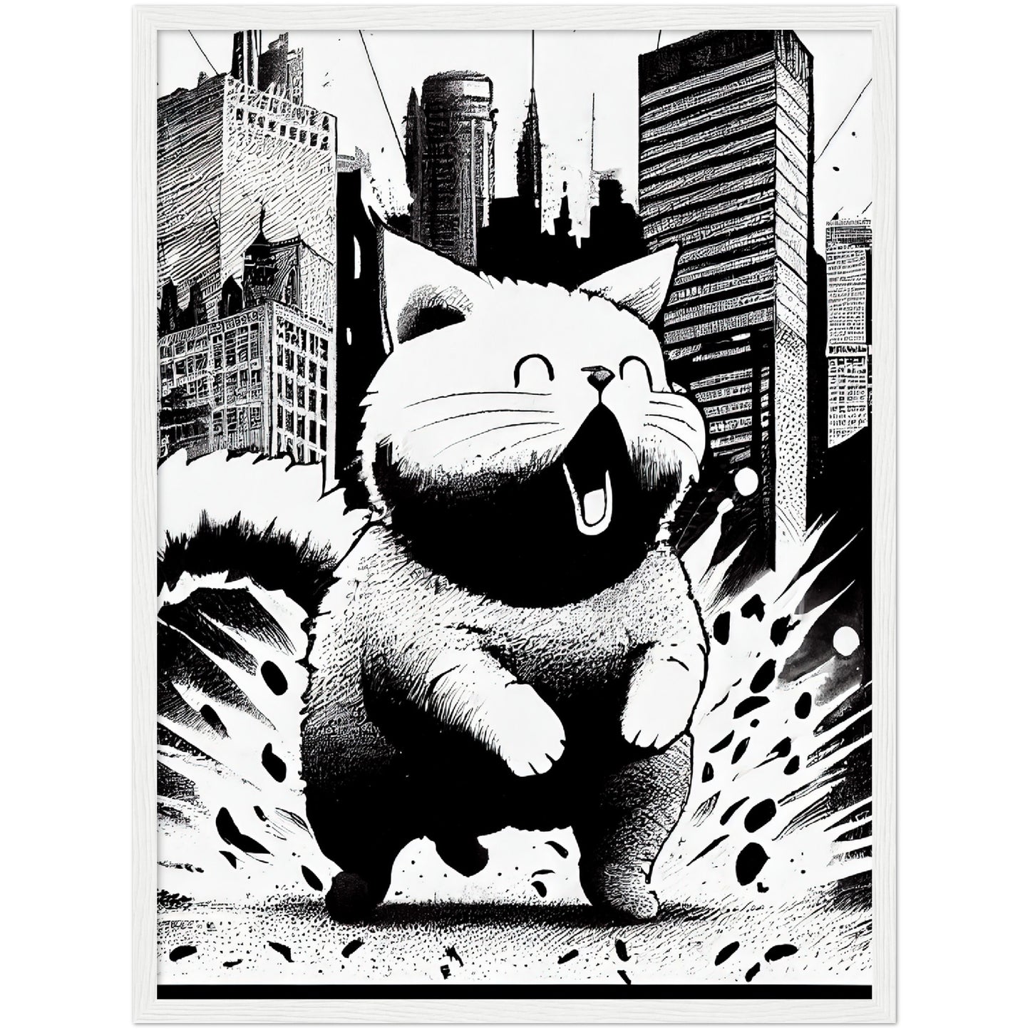 Fat-Cat-zilla  Premium Semi-Glossy Paper Wooden Framed Print