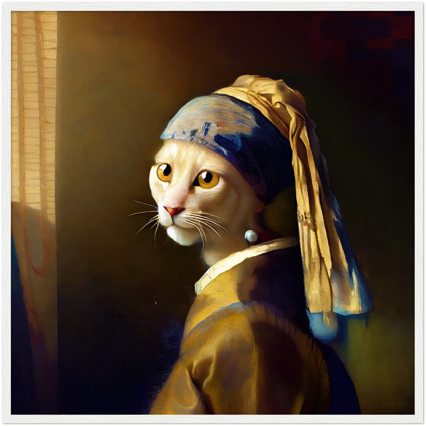 The Cat With a Pearl Earing Premium Semi-Glossy Paper Wooden Framed Print