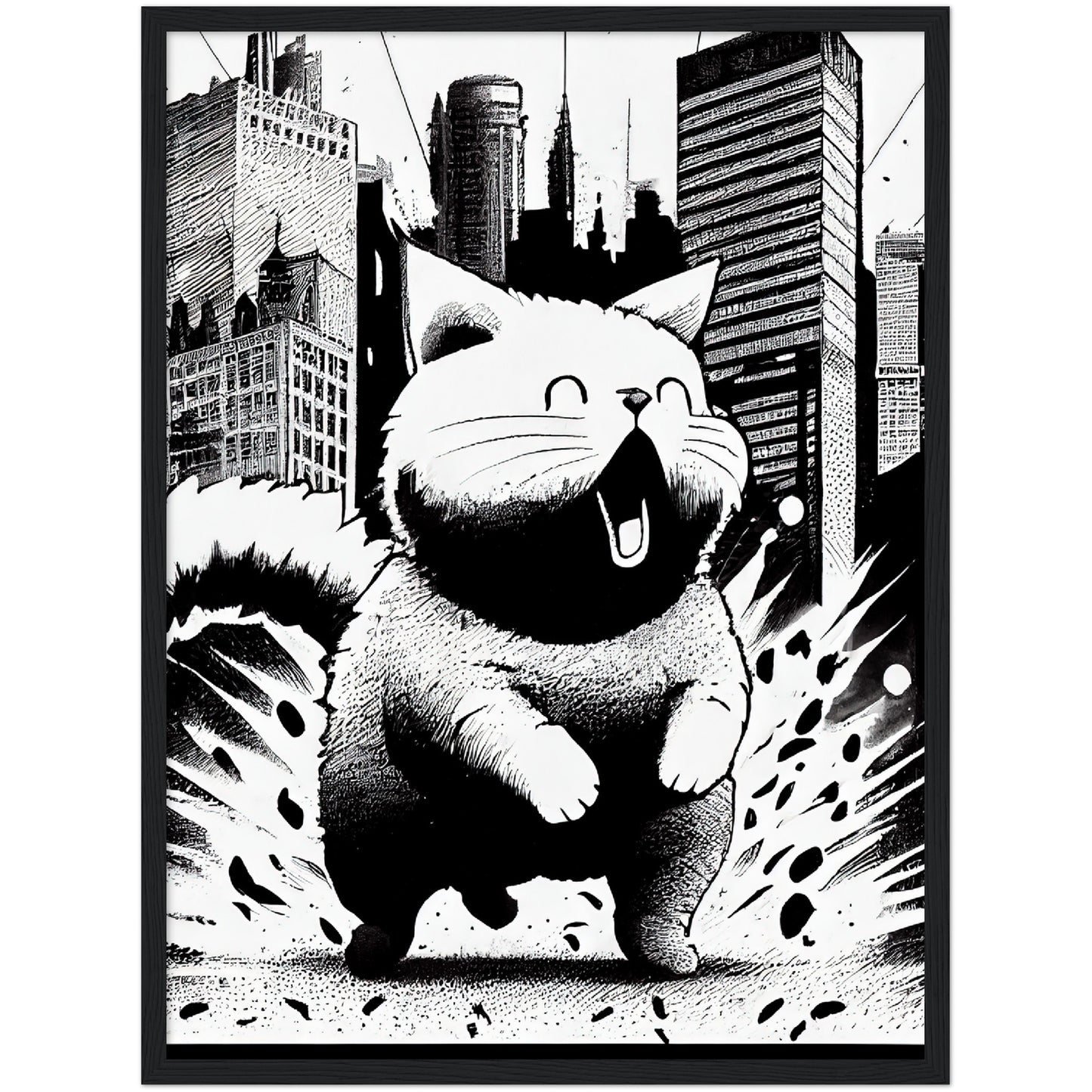 Fat-Cat-zilla  Premium Semi-Glossy Paper Wooden Framed Print