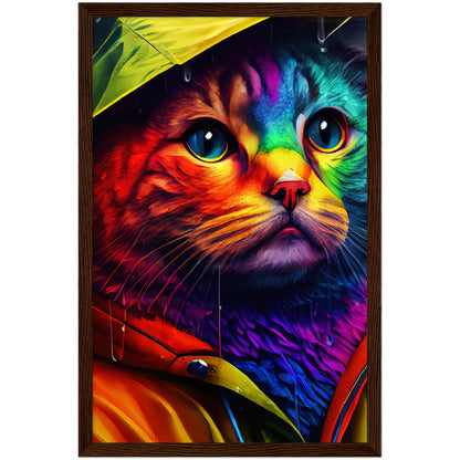 Rainbow Rain Cat Premium Semi-Glossy Paper Wooden Framed Print